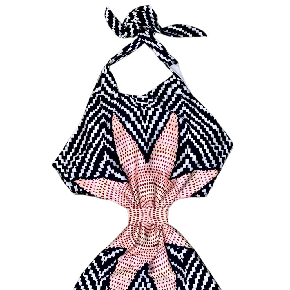Black, White Chevron with Pink ,Red & Yellow Spotted Sunburst One Piece/Bodysuit